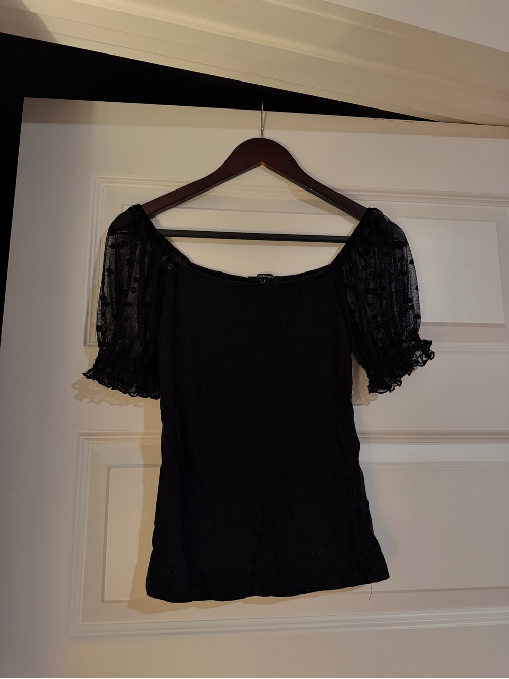 Ambiance black blouse with sheer ruffled polka dot sleeves, size S
